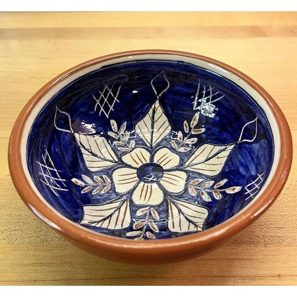 Vintage Olaria De Soa Pedro De Corval Blue White Floral Terracotta 5.5 In Bowl